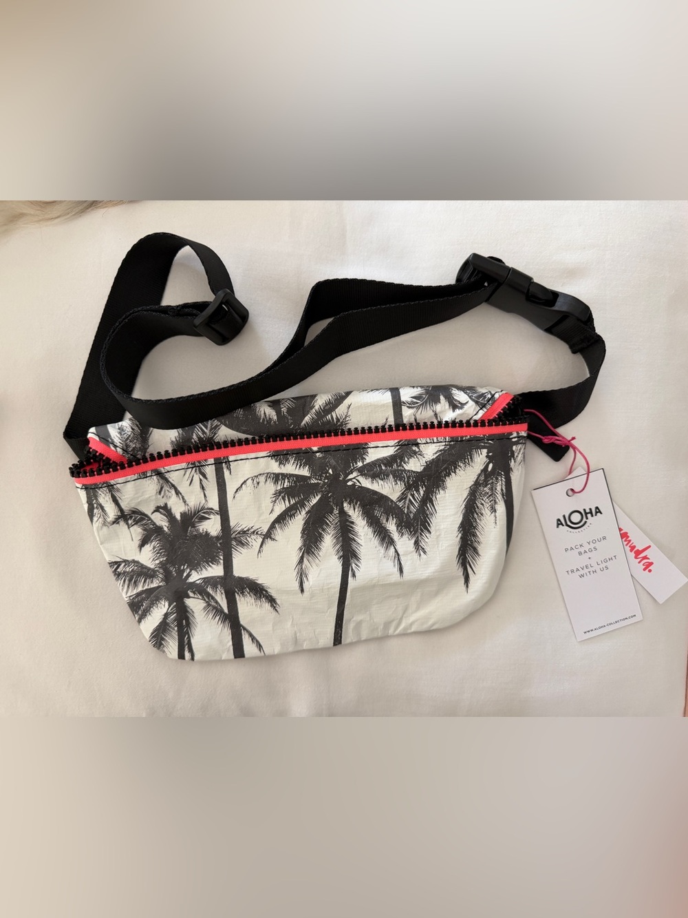 ALOHAS Palm-Print Belt Bag in Black, White & Coral